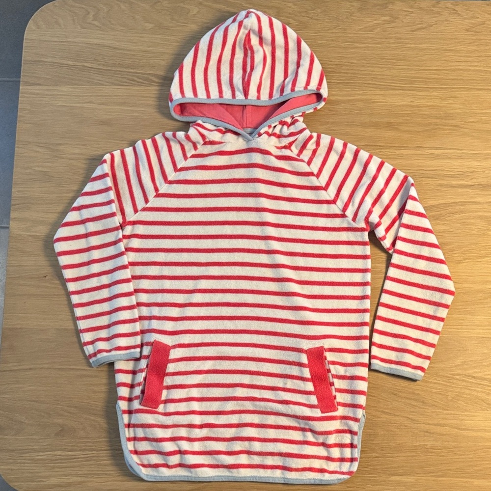 Boden Johnnie B Kids Hooded Stripe Terrycloth swim coverup - Pink/red& White